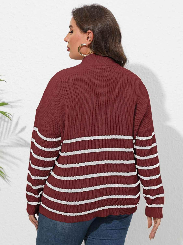 Plus Size Zip-Up Striped Sweater - GiFTiFY