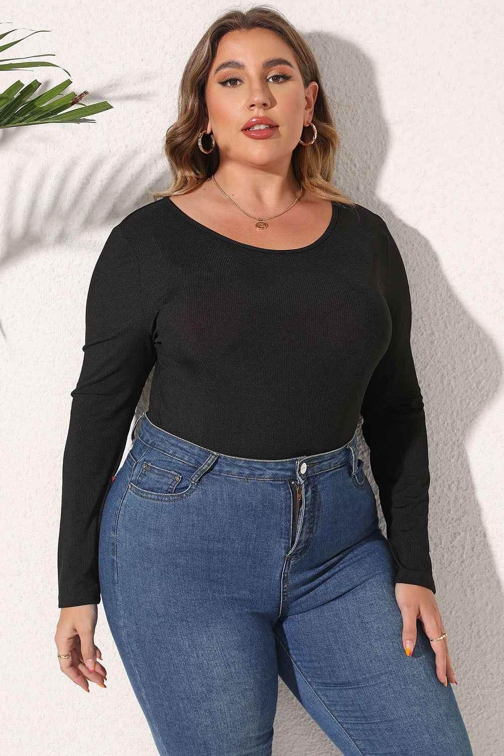 Plus Size Round Neck Long Sleeve Bodysuit - GiFTiFY