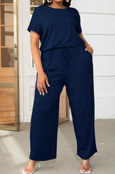 Plus Size Drawstring Waist Short Sleeve Jumpsuit - GiFTiFY