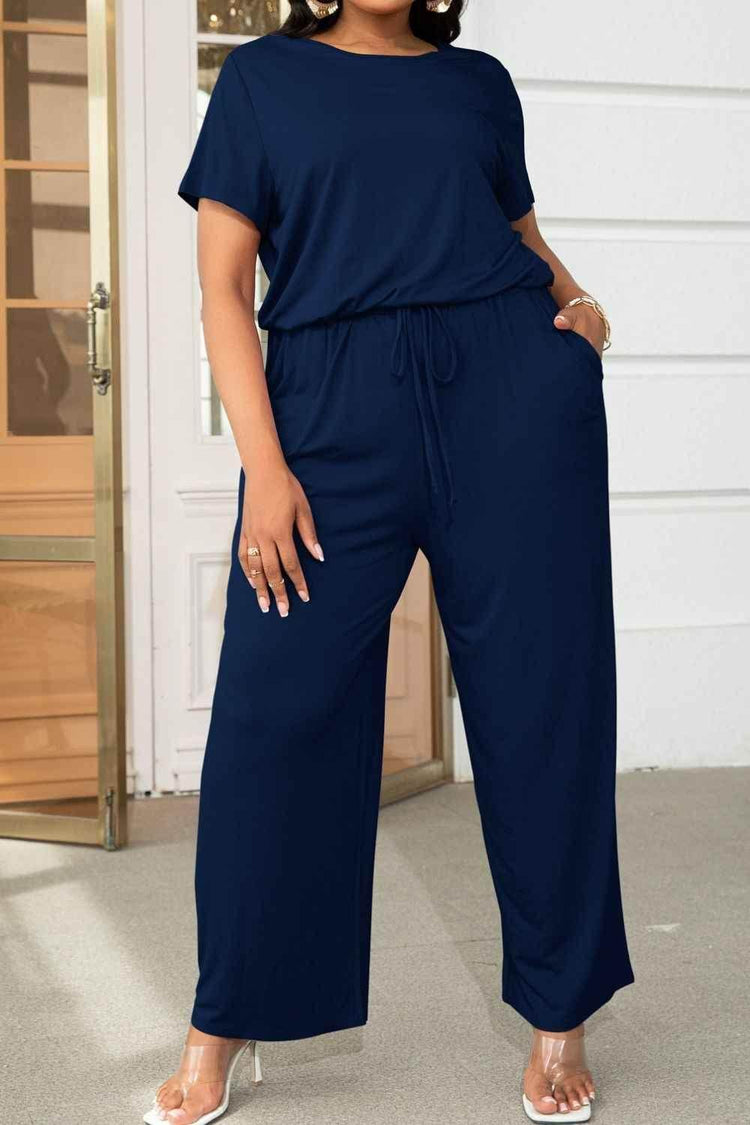 Plus Size Drawstring Waist Short Sleeve Jumpsuit - GiFTiFY