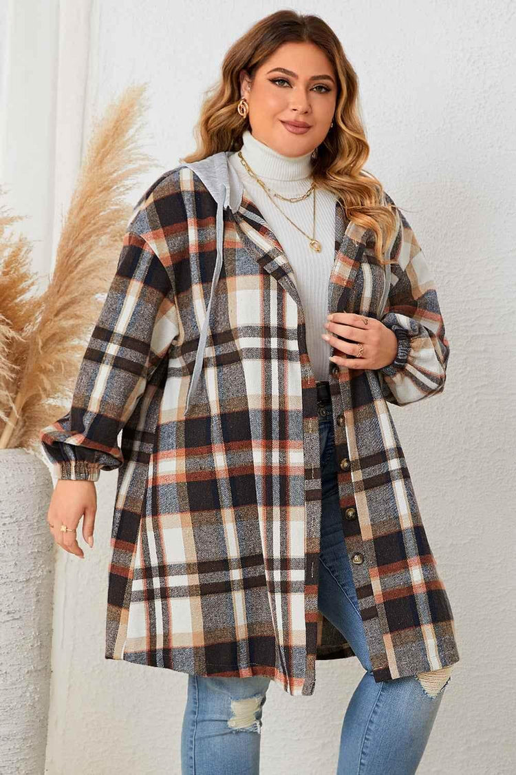 Honey Plus Size Plaid Drop Shoulder Hooded Coat - GiFTiFY