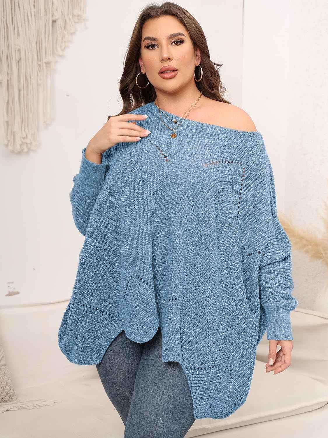 Plus Size Round Neck Batwing Sleeve Sweater - GiFTiFY