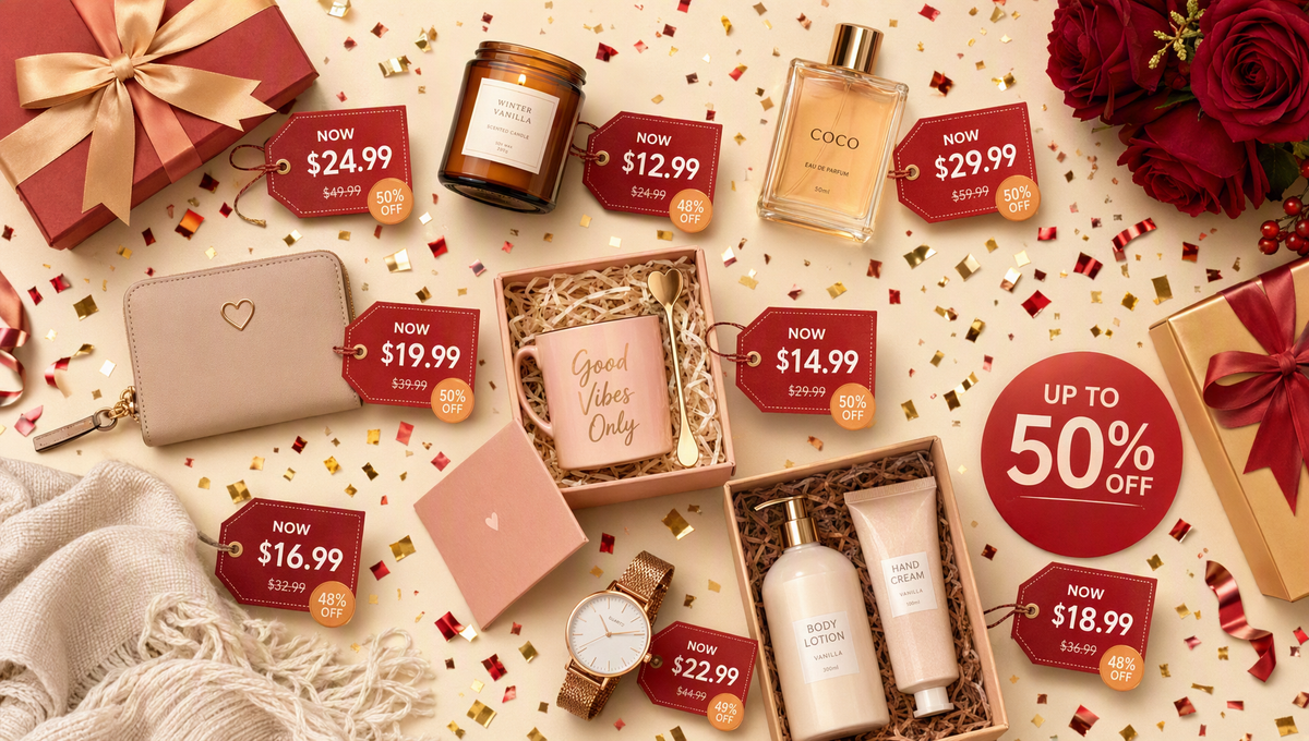 Top-down flat lay of discounted gift finds arranged as a festive gift-box vignette