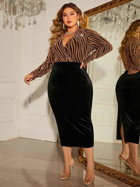 Honey Plus Size Surplice Neck Long Sleeve Slit Dress - GiFTiFY