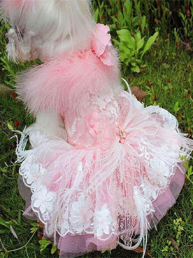 Unique Pet Feather Tutu Dog Lace Dress Princess Dress Pink Swan for Wedding Party Birthday Festival One Piece - GiFTiFY