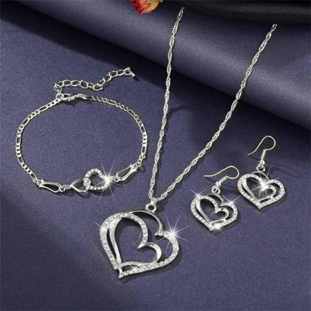 Romantic Double Heart Jewelry Set for Brides