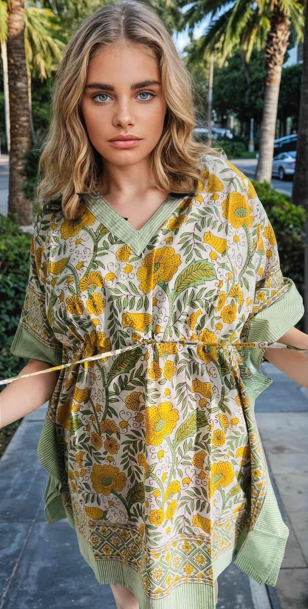 Soléa Block Print Cotton Caftan - GiFTiFY