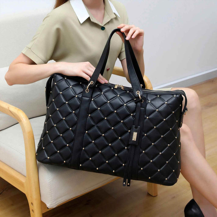Diamond Quilted Vegan Leather Weekender Tote Bag - GiFTiFY