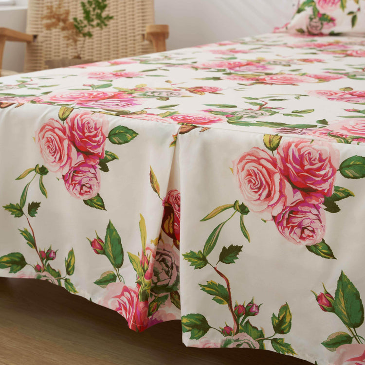 DaDa Bedding Romantic Roses Floral Bed Skirt - Matching Pink & White Ruffled Dust Ruffle for Quilted Coverlet Set - Lightweight & Breathable Polyester Bedskirt - GiFTiFY