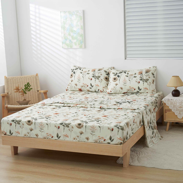 DaDalogy Enchanted Meadow Bed Sheet Set - Floral Harmony in Beige, Rose, and Soft Green, Premium Soft Microfiber, Machine Washable, Deep Pocket 14 - 15 Inches + Flat Sheet - GiFTiFY