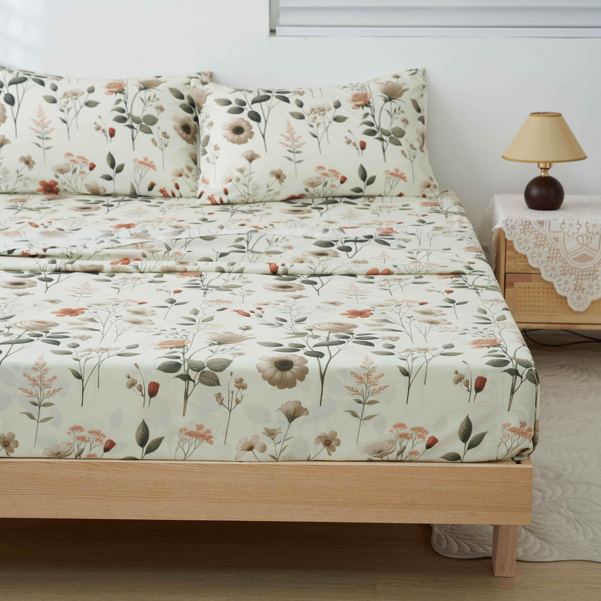 DaDalogy Enchanted Meadow Bed Sheet Set - Floral Harmony in Beige, Rose, and Soft Green, Premium Soft Microfiber, Machine Washable, Deep Pocket 14 - 15 Inches + Flat Sheet Bed Sheets by DaDalogy Bedding Collection