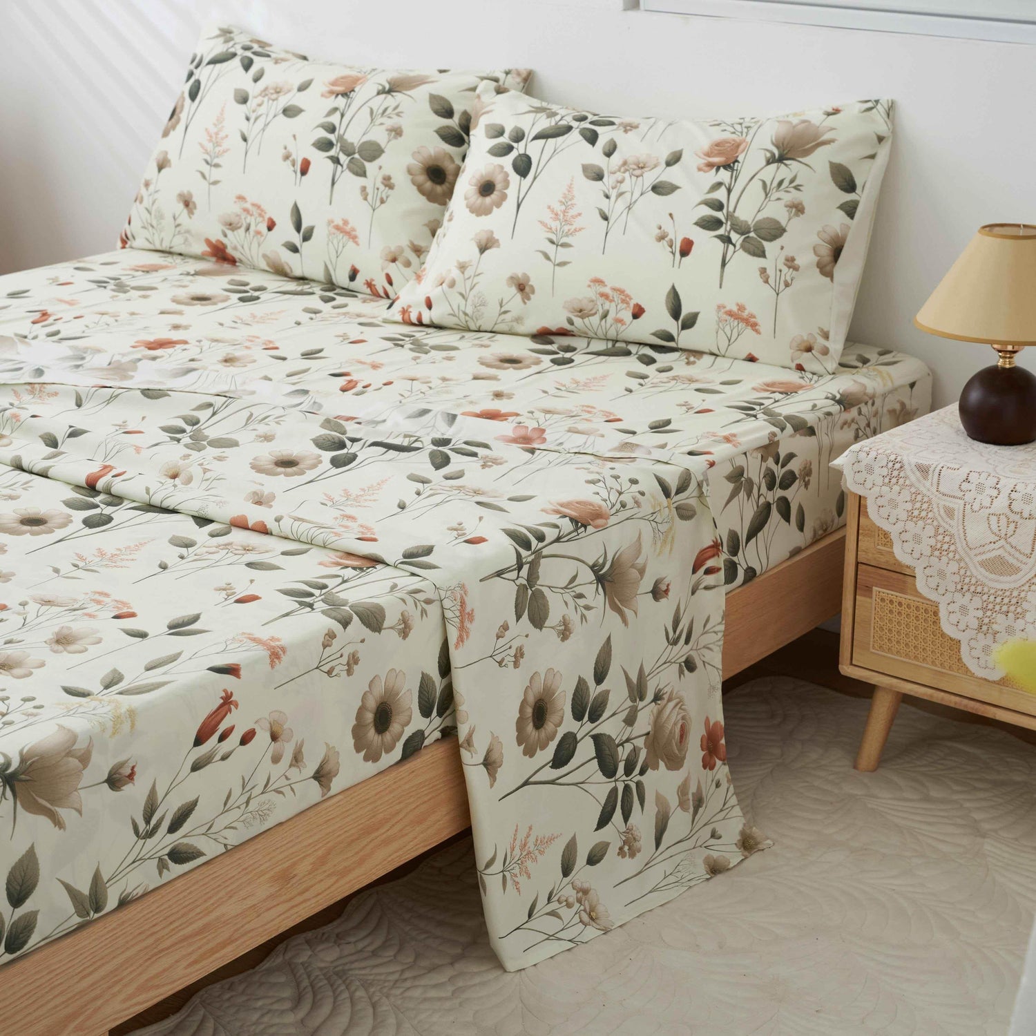 DaDalogy Enchanted Meadow Bed Sheet Set - Floral Harmony in Beige, Rose, and Soft Green, Premium Soft Microfiber, Machine Washable, Deep Pocket 14 - 15 Inches + Flat Sheet - GiFTiFY