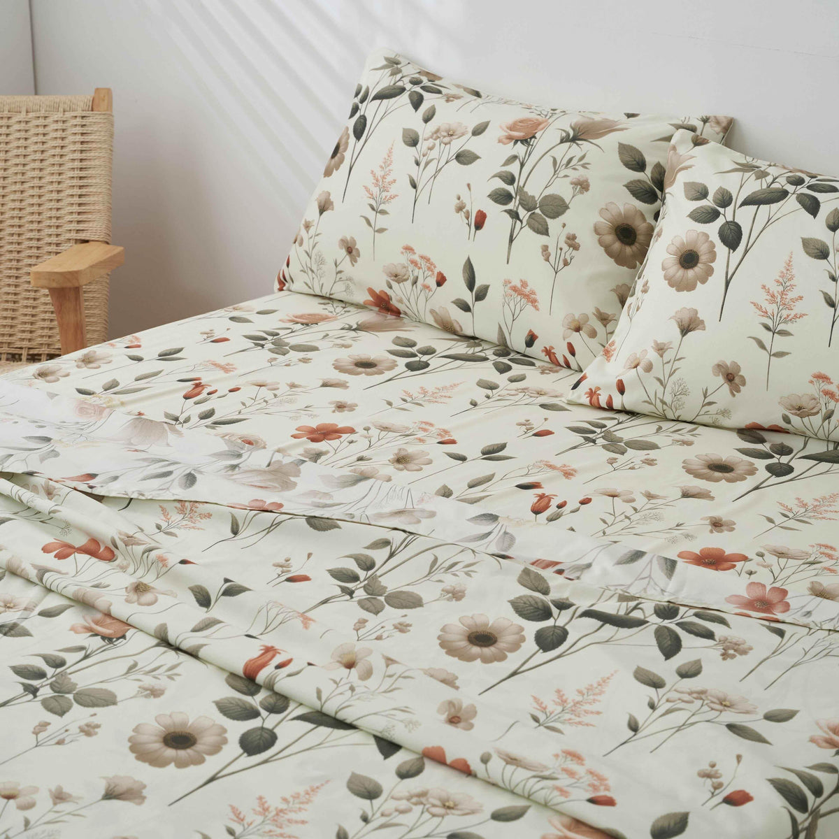 DaDalogy Enchanted Meadow Bed Sheet Set - Floral Harmony in Beige, Rose, and Soft Green, Premium Soft Microfiber, Machine Washable, Deep Pocket 14 - 15 Inches + Flat Sheet Bed Sheets by DaDalogy Bedding Collection