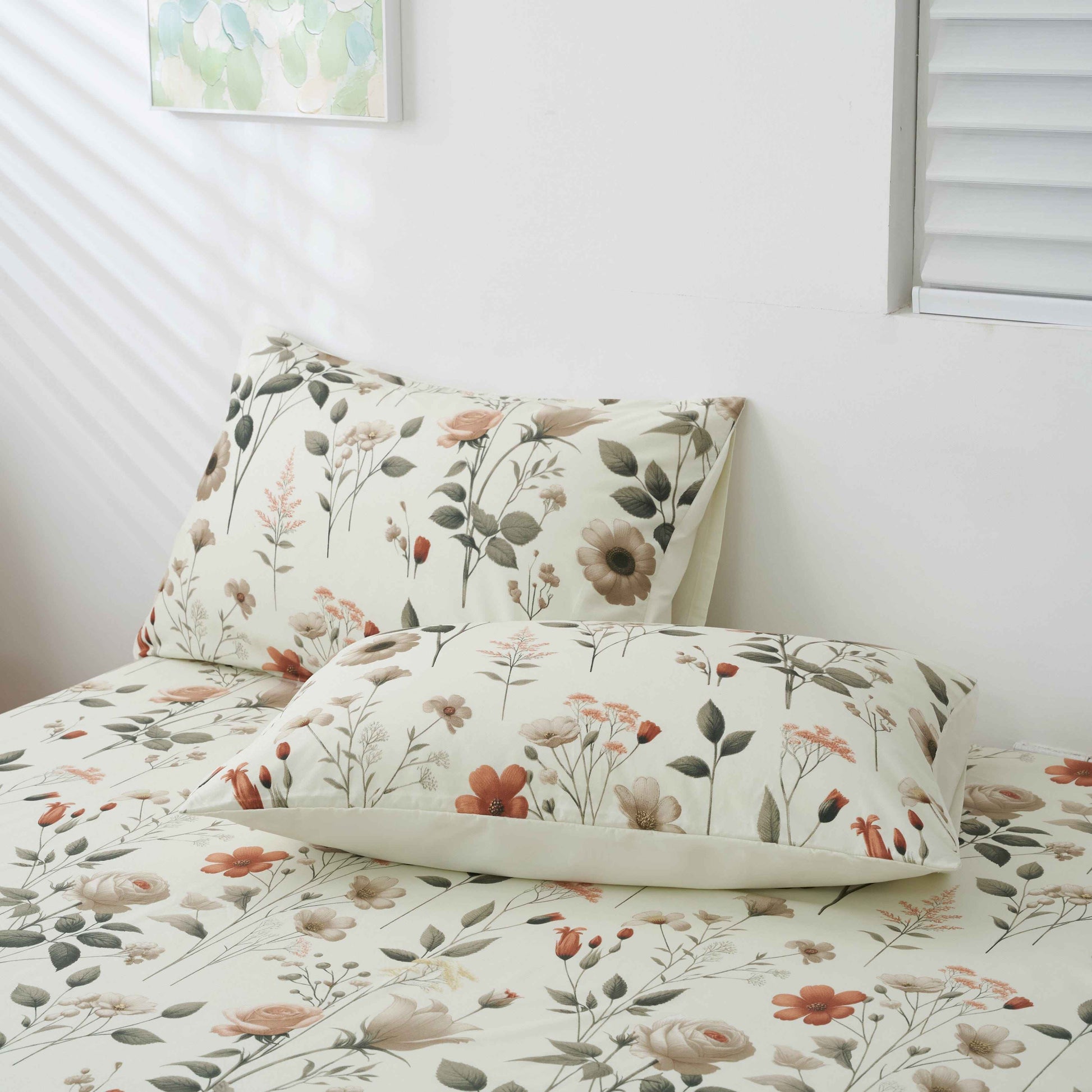 DaDalogy Enchanted Meadow Bed Sheet Set - Floral Harmony in Beige, Rose, and Soft Green, Premium Soft Microfiber, Machine Washable, Deep Pocket 14 - 15 Inches + Flat Sheet