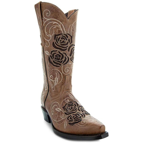 Tan Rose Inlayed Women's Cowgirl Boots (M50032) - GiFTiFY