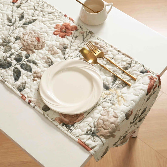 DaDalogy Enchanted Meadow Reversible Dinner Table Runner - Floral Elegance in Beige, Rose, and Soft Olive Green, Premium Soft Microfiber Quilted Table Runner - GiFTiFY
