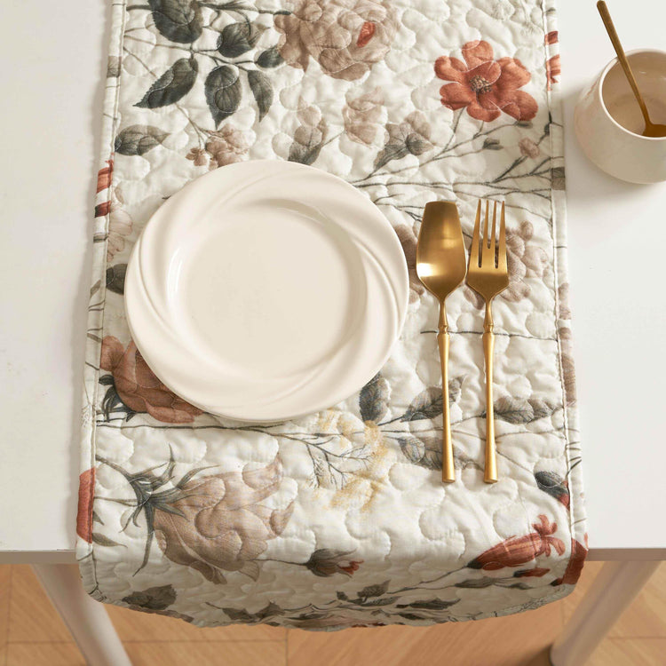 DaDalogy Enchanted Meadow Reversible Dinner Table Runner - Floral Elegance in Beige, Rose, and Soft Olive Green, Premium Soft Microfiber Quilted Table Runner - GiFTiFY