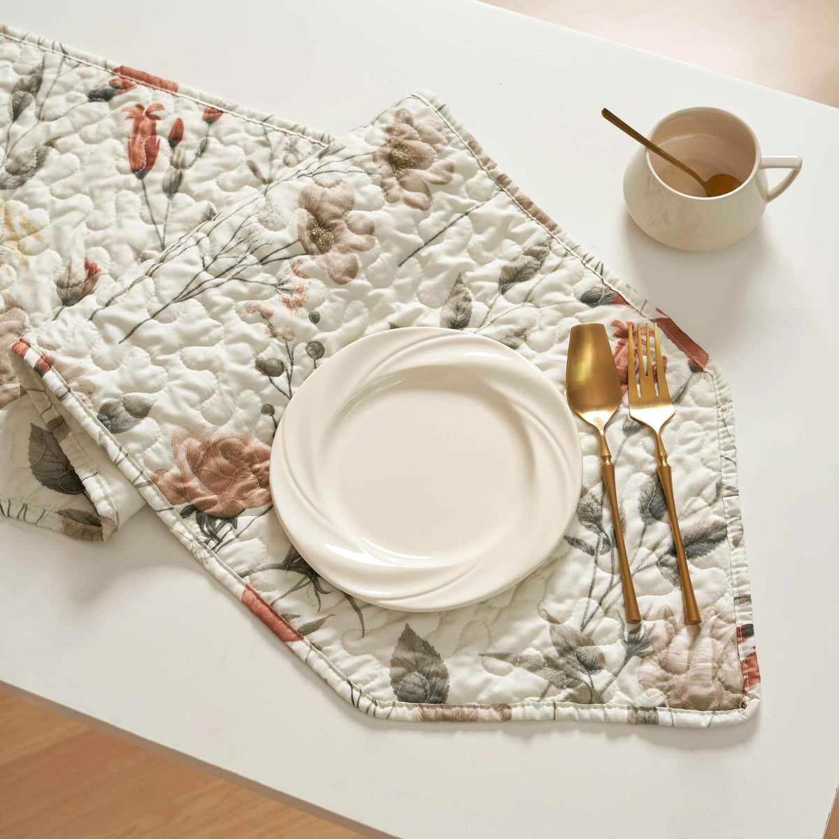 DaDalogy Enchanted Meadow Reversible Dinner Table Runner - Floral Elegance in Beige, Rose, and Soft Olive Green, Premium Soft Microfiber Quilted Table Runner Table Runner by DaDalogy Bedding Collection