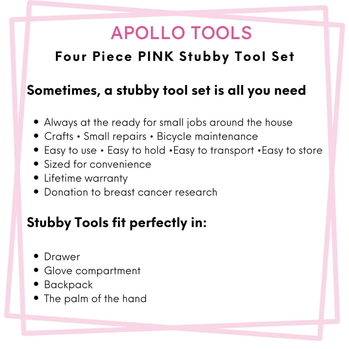 Four Piece Stubby Tool Set - Pink- DT0240P Pink Tool Kit by Apollo Tools