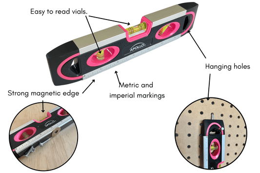 PINK 9-inch torpedo-shaped spirit level for 180/90/45 degrees leveling--  DT5019P