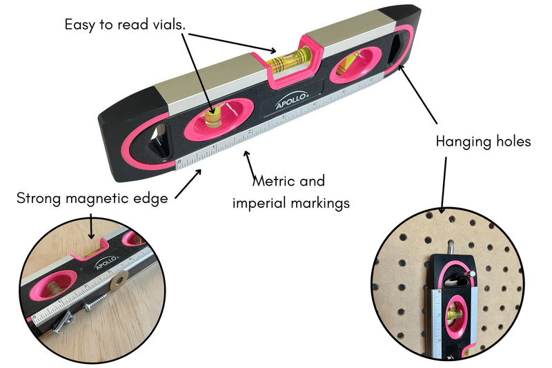 PINK 9-inch torpedo-shaped spirit level for 180/90/45 degrees leveling-- DT5019P Household hand tool by Apollo Tools