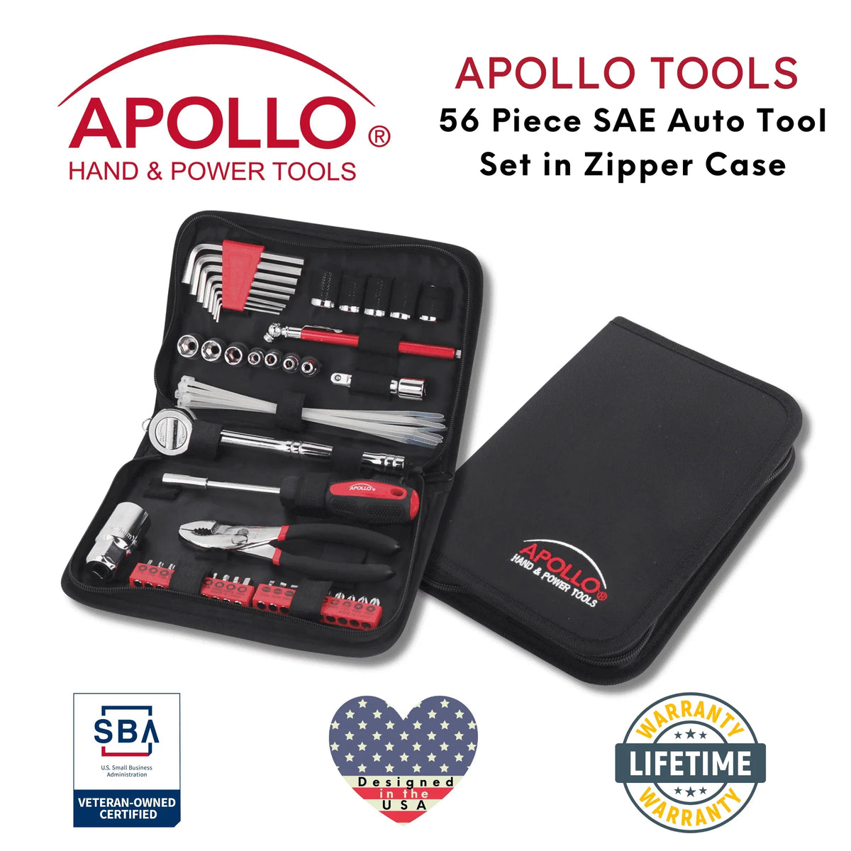 56 Piece SAE Auto Tool Set In Zipper Case - DT9774 Mechanics Tool Kit by Apollo Tools