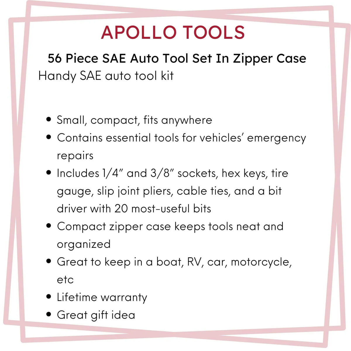 56 Piece SAE Auto Tool Set In Zipper Case - DT9774 Mechanics Tool Kit by Apollo Tools
