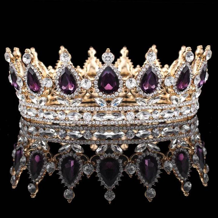 Luxury Retro Gold Color Pink Crystal Round Bridal Crown Classic Baroque Rhinestone Diadem Tiaras Women Wedding Hair Accessories - GiFTiFY