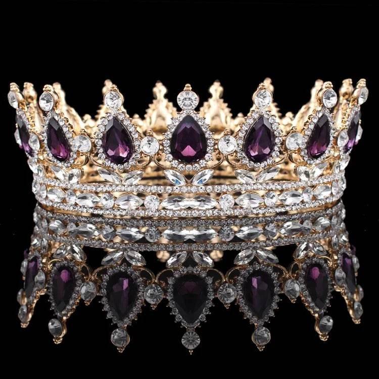 Luxury Retro Gold Color Pink Crystal Round Bridal Crown Classic Baroque Rhinestone Diadem Tiaras Women Wedding Hair Accessories - GiFTiFY