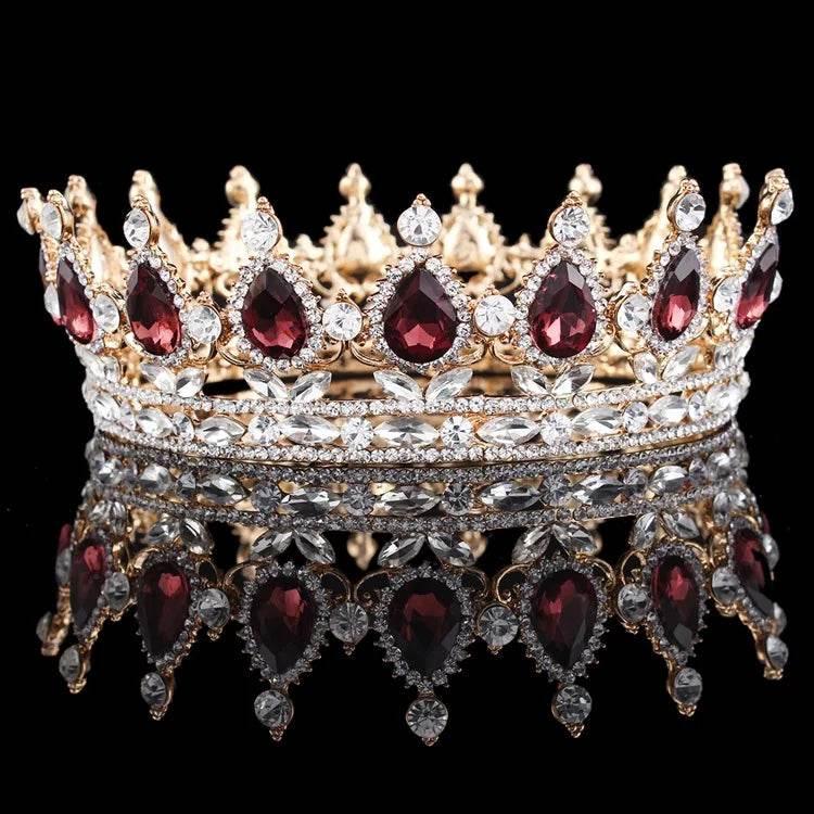 Luxury Retro Gold Color Pink Crystal Round Bridal Crown Classic Baroque Rhinestone Diadem Tiaras Women Wedding Hair Accessories Tiaras by DSERS