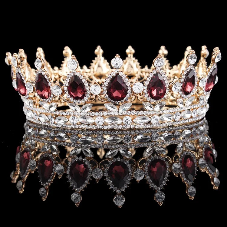 Luxury Retro Gold Color Pink Crystal Round Bridal Crown Classic Baroque Rhinestone Diadem Tiaras Women Wedding Hair Accessories GiFTiFY
