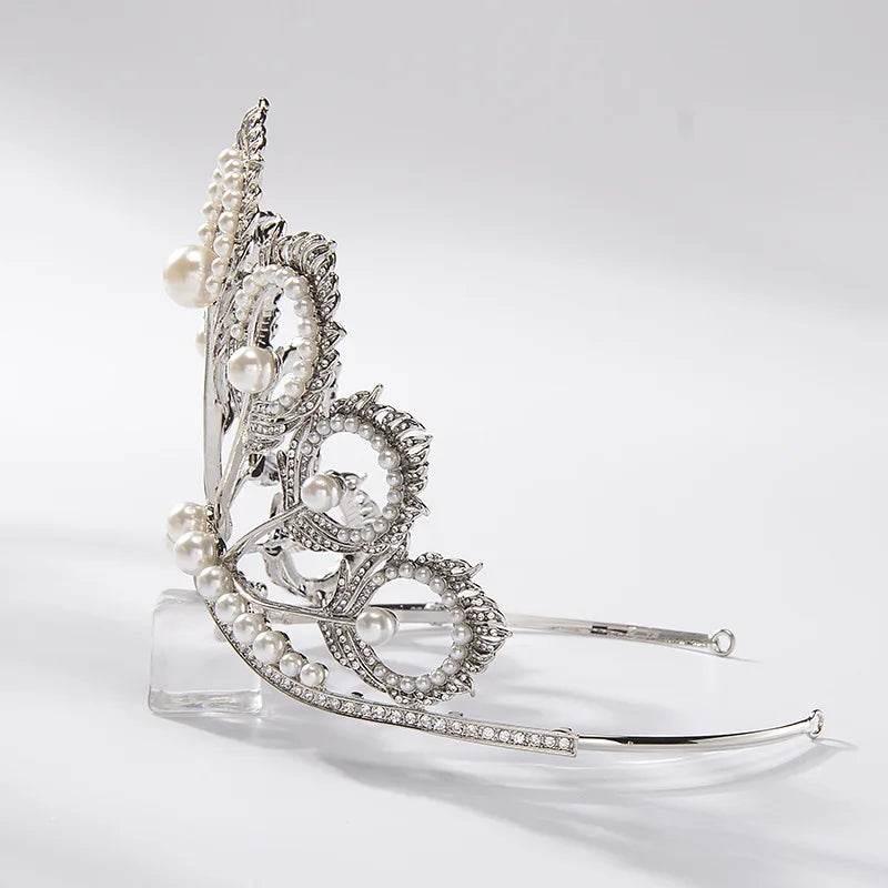 Luxury Miss Universe Crown Round Wedding Crystal Pearl Crowns Peacock Feather Tiaras Rhinestone Pageant Diadem CZ Coroa Novia - GiFTiFY