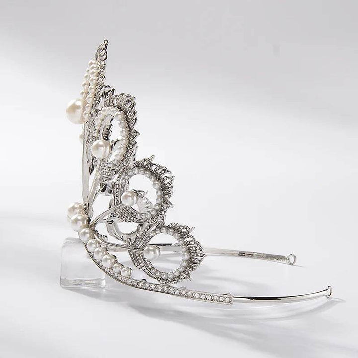 Luxury Miss Universe Crown Round Wedding Crystal Pearl Crowns Peacock Feather Tiaras Rhinestone Pageant Diadem CZ Coroa Novia - GiFTiFY