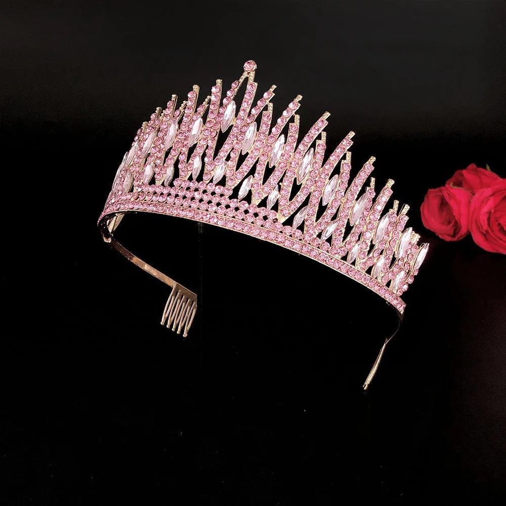 Baroque Sparkling Pink Crystal Bridal Tiaras Gold Color Rhinestone Pageant Crowns With Combs Headbands Wedding Hair Accessories DSERS