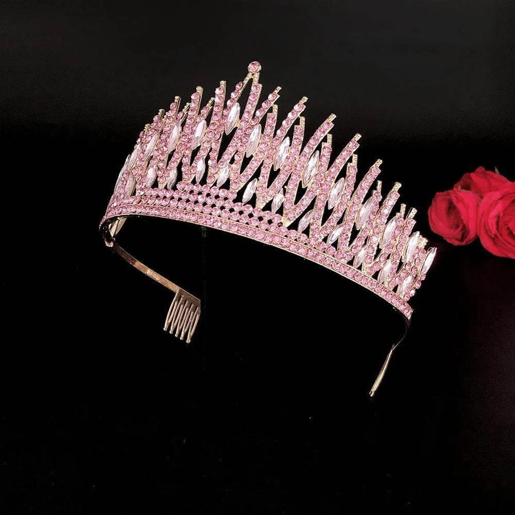 Baroque Sparkling Pink Crystal Bridal Tiaras Gold Color Rhinestone Pageant Crowns With Combs Headbands Wedding Hair Accessories - GiFTiFY