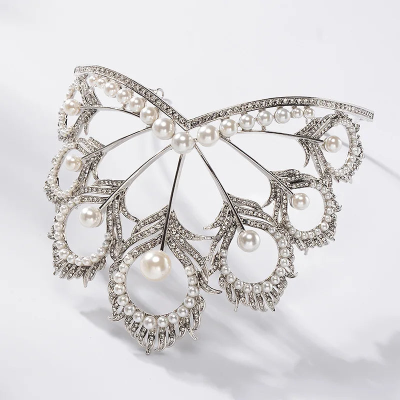 Luxury Miss Universe Crown Round Wedding Crystal Pearl Crowns Peacock Feather Tiaras Rhinestone Pageant Diadem CZ Coroa Novia DSERS