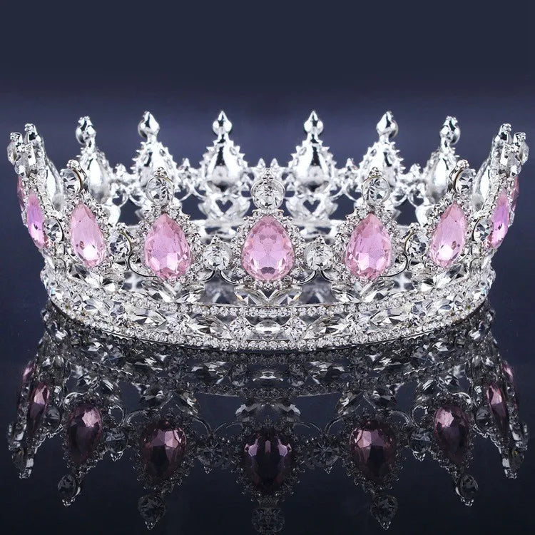 Luxury Retro Gold Color Pink Crystal Round Bridal Crown Classic Baroque Rhinestone Diadem Tiaras Women Wedding Hair Accessories GiFTiFY
