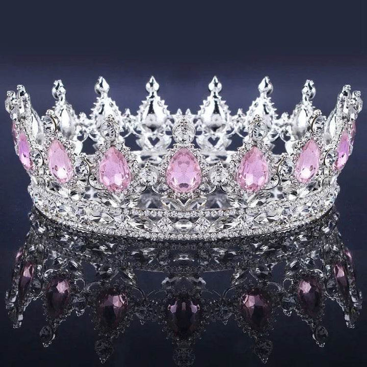Luxury Retro Gold Color Pink Crystal Round Bridal Crown Classic Baroque Rhinestone Diadem Tiaras Women Wedding Hair Accessories - GiFTiFY