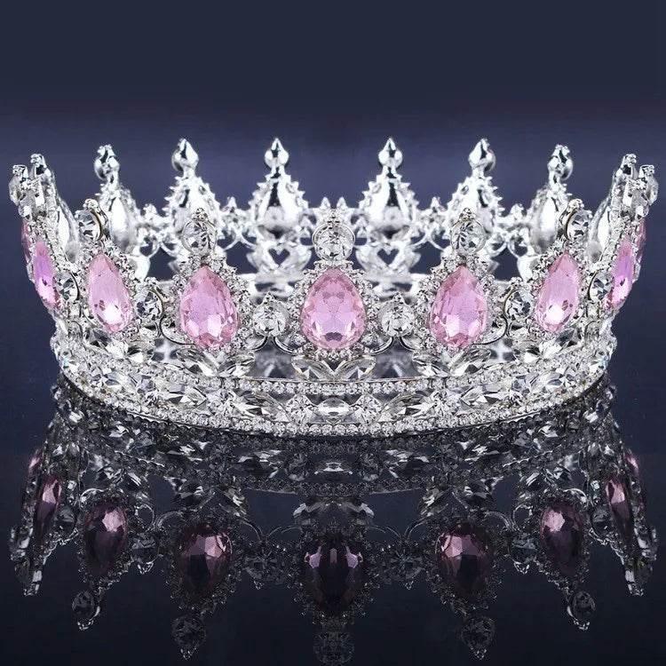 Luxury Retro Gold Color Pink Crystal Round Bridal Crown Classic Baroque Rhinestone Diadem Tiaras Women Wedding Hair Accessories Tiaras by DSERS