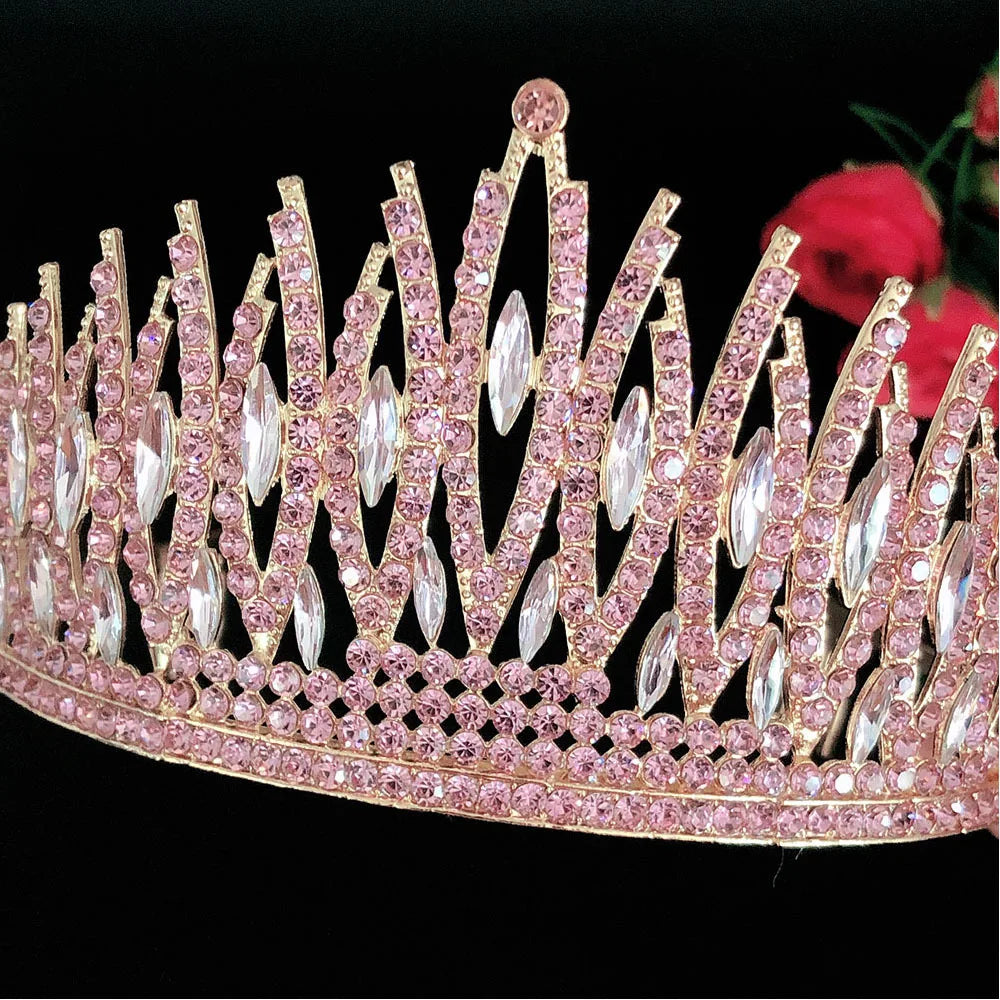 Baroque Sparkling Pink Crystal Bridal Tiaras Gold Color Rhinestone Pageant Crowns With Combs Headbands Wedding Hair Accessories DSERS