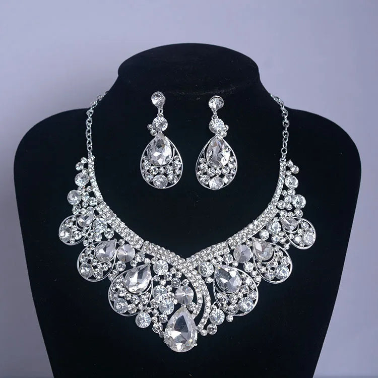Luxury Big Rhinestone Bridal Jewelry Sets Silver Plated Crystal Crown Tiaras Choker Necklace Earrings Sets Wedding Accessories GiFTiFY