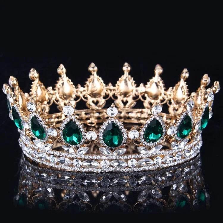 Luxury Retro Gold Color Pink Crystal Round Bridal Crown Classic Baroque Rhinestone Diadem Tiaras Women Wedding Hair Accessories Tiaras by DSERS