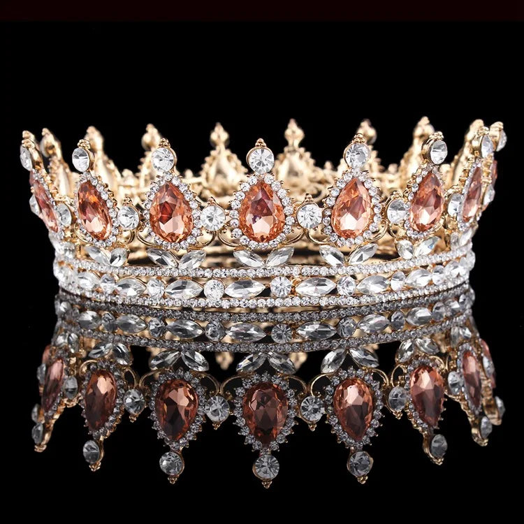 Luxury Retro Gold Color Pink Crystal Round Bridal Crown Classic Baroque Rhinestone Diadem Tiaras Women Wedding Hair Accessories GiFTiFY