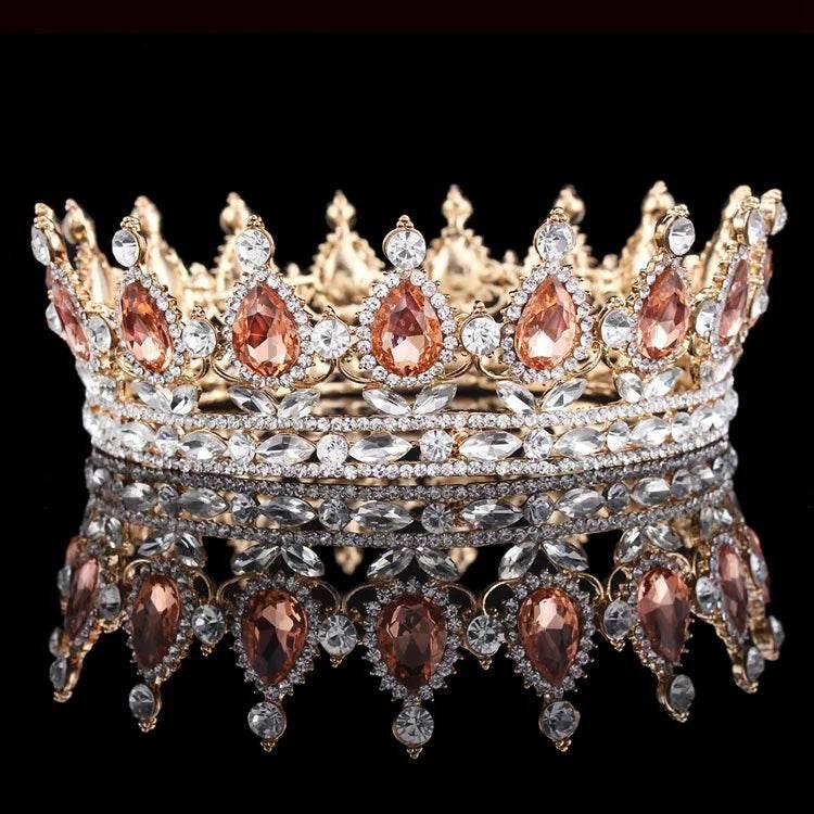 Luxury Retro Gold Color Pink Crystal Round Bridal Crown Classic Baroque Rhinestone Diadem Tiaras Women Wedding Hair Accessories Tiaras by DSERS