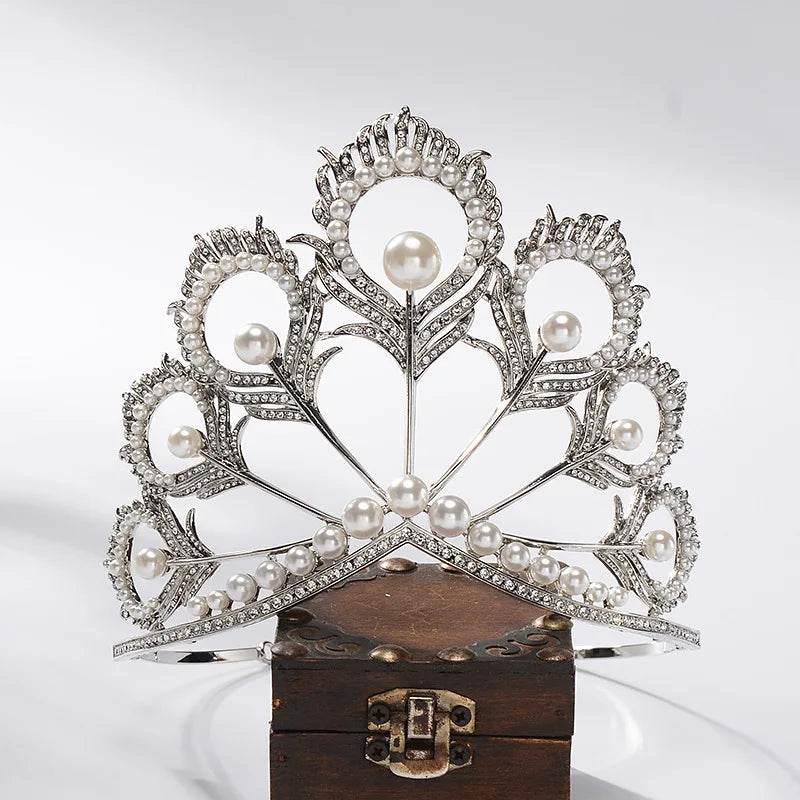 Luxury Miss Universe Crown Round Wedding Crystal Pearl Crowns Peacock Feather Tiaras Rhinestone Pageant Diadem CZ Coroa Novia - GiFTiFY