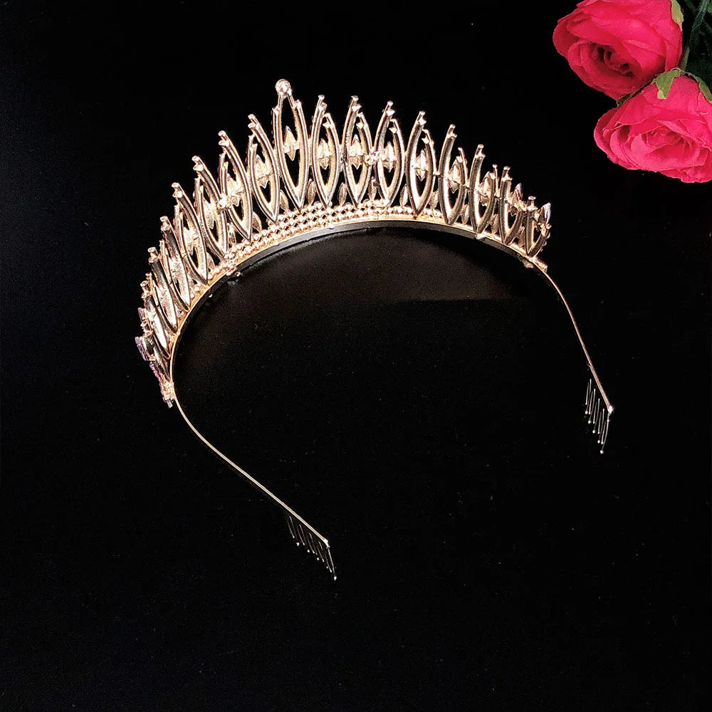 Baroque Sparkling Pink Crystal Bridal Tiaras Gold Color Rhinestone Pageant Crowns With Combs Headbands Wedding Hair Accessories DSERS