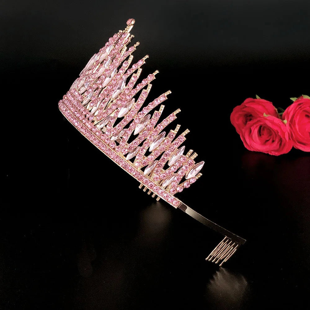 Baroque Sparkling Pink Crystal Bridal Tiaras Gold Color Rhinestone Pageant Crowns With Combs Headbands Wedding Hair Accessories DSERS