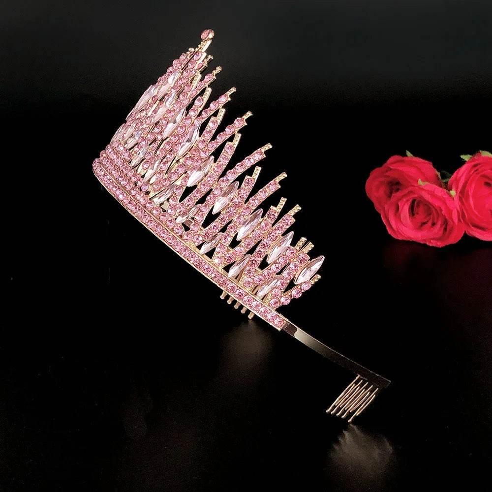 Baroque Sparkling Pink Crystal Bridal Tiaras Gold Color Rhinestone Pageant Crowns With Combs Headbands Wedding Hair Accessories Tiaras by DSERS