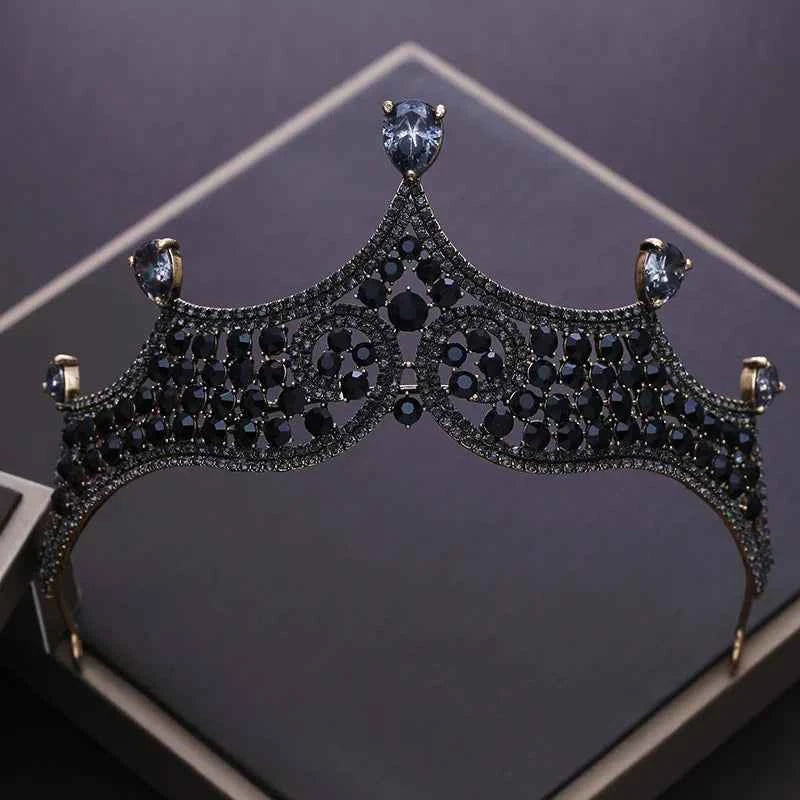 Vintage Black Crystal Beads Bridal Tiaras Crown Rhinestone Diadem Pageant Baroque Crowns Bride Hairband Wedding Hair Accessories