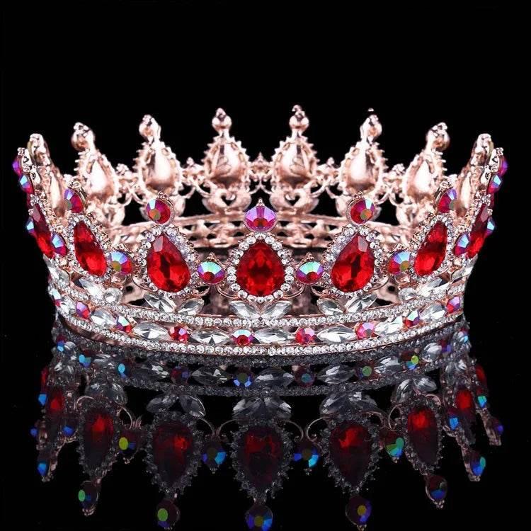 Luxury Retro Gold Color Pink Crystal Round Bridal Crown Classic Baroque Rhinestone Diadem Tiaras Women Wedding Hair Accessories Tiaras by DSERS
